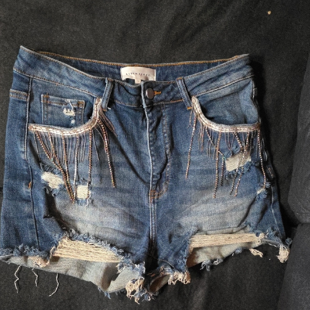 Risen Distressed Blue Jean Shorts with Raw Hem